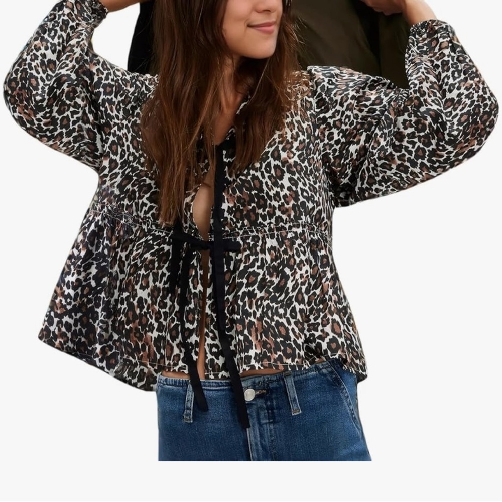 Leopard Print Blouse with Black Mid Tie Detail